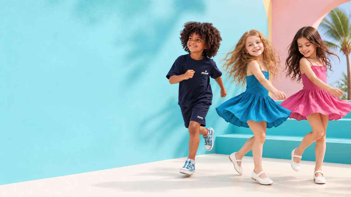 Children wearing colourful Vybrunt outfits
